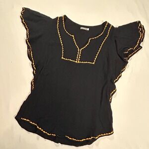 Earthbound Trading Co V Neck Top women S Black Flutter‎ Sleeve Boho Tunic